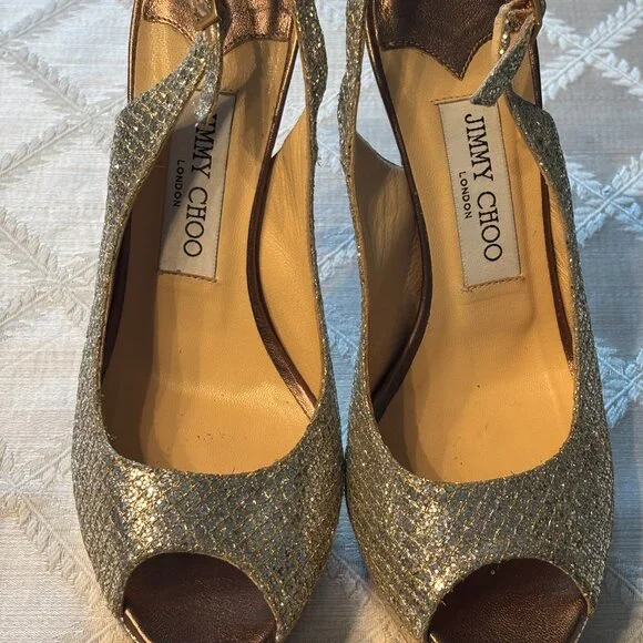 Jimmy Choo Champagne /Gold PlatformGlitter Shoes-